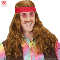 Rote Hippie-Perücke mit Band und Schnurrbart