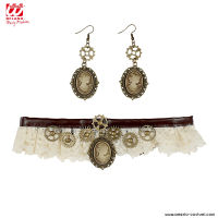 Spitzenhalsband mit Steampunk-Cameo-Ohrringen