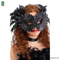 Masque Noir en Similicuir avec Plumes et Strass