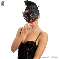 Masque Noir en Similicuir avec Plumes Latérales et Strass